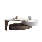 Extendable coffee table with storage, featuring a sintered stone top and wood frame